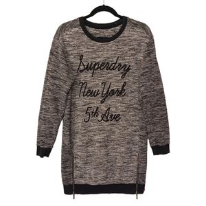 SUPERDRY Embroidered Black Gray Marled Print Long Sleeve Sweater Tunic Dress M